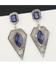 Gem Inlaid Hollow Taper Pendant Design Bold Fashion Earrings - Blue