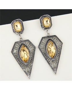 Gem Inlaid Hollow Taper Pendant Design Bold Fashion Earrings - Champagne