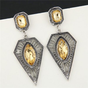 Gem Inlaid Hollow Taper Pendant Design Bold Fashion Earrings - Champagne