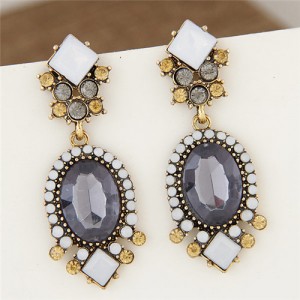 Square Gem Decorated Dangling Floral Fashion Ear Studs