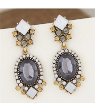 Square Gem Decorated Dangling Floral Fashion Ear Studs