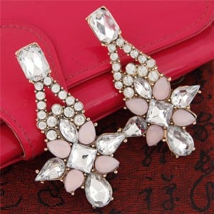 Shining Dangling Crystal Flower Ear Studs - Pink