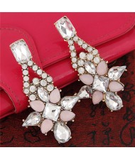 Shining Dangling Crystal Flower Ear Studs - Pink