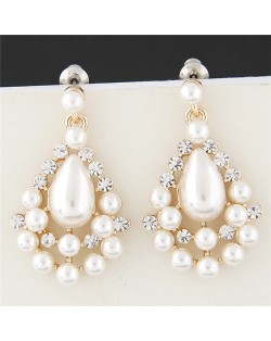 Rhinestone and Pearl Combined Dangling Hollow Waterdrop Ear Studs