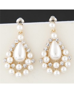Rhinestone and Pearl Combined Dangling Hollow Waterdrop Ear Studs