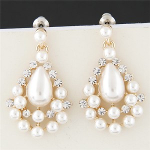 Rhinestone and Pearl Combined Dangling Hollow Waterdrop Ear Studs