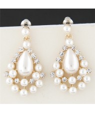 Rhinestone and Pearl Combined Dangling Hollow Waterdrop Ear Studs