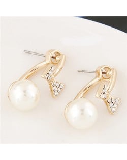 Golden Bowknot Decorated Sweet Pearl Fashion Ear Studs