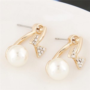 Golden Bowknot Decorated Sweet Pearl Fashion Ear Studs
