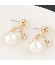 Golden Bowknot Decorated Sweet Pearl Fashion Ear Studs