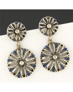 Ink Blue Rhinestone Embellished Vintage Hollow Chrysanthemum Ear Studs
