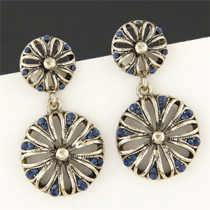 Ink Blue Rhinestone Embellished Vintage Hollow Chrysanthemum Ear Studs