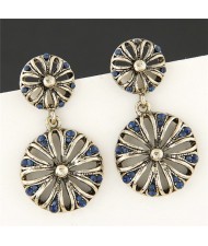 Ink Blue Rhinestone Embellished Vintage Hollow Chrysanthemum Ear Studs