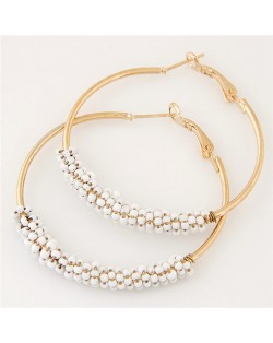 Mini Beads Decorated Golden Hoop Fashion Ear Clips - White