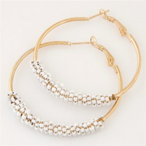Mini Beads Decorated Golden Hoop Fashion Ear Clips - White