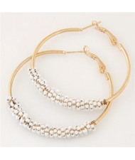 Mini Beads Decorated Golden Hoop Fashion Ear Clips - White