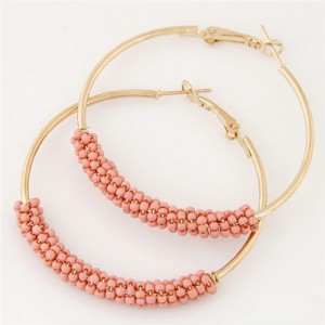 Mini Beads Decorated Golden Hoop Fashion Ear Clips - Pink