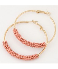 Mini Beads Decorated Golden Hoop Fashion Ear Clips - Pink