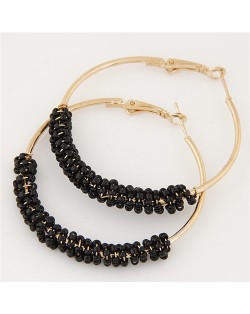 Mini Beads Decorated Golden Hoop Fashion Ear Clips - Black
