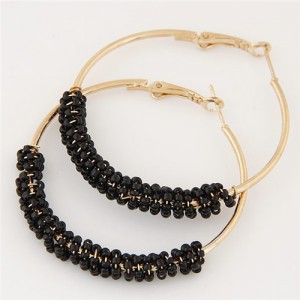 Mini Beads Decorated Golden Hoop Fashion Ear Clips - Black