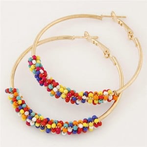 Mini Beads Decorated Golden Hoop Fashion Ear Clips - Multicolor