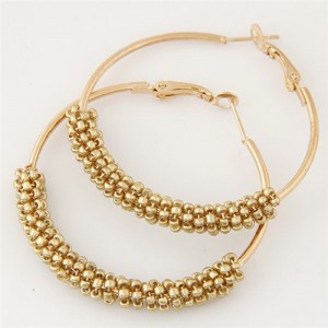 Mini Beads Decorated Golden Hoop Fashion Ear Clips - Golden