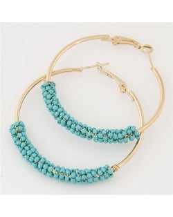 Mini Beads Decorated Golden Hoop Fashion Ear Clips - Blue