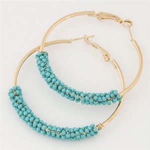 Mini Beads Decorated Golden Hoop Fashion Ear Clips - Blue