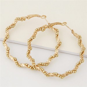 Mini Beads Decorated Spiral Shape Fashion Hoop Earrings - Golden