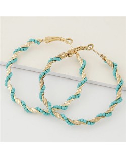 Mini Beads Decorated Spiral Shape Fashion Hoop Earrings - Blue