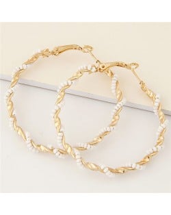 Mini Beads Decorated Spiral Shape Fashion Hoop Earrings - White