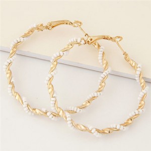 Mini Beads Decorated Spiral Shape Fashion Hoop Earrings - White