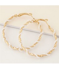 Mini Beads Decorated Spiral Shape Fashion Hoop Earrings - White