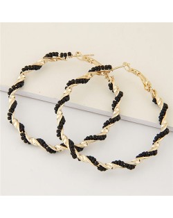 Mini Beads Decorated Spiral Shape Fashion Hoop Earrings - Black