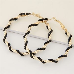 Mini Beads Decorated Spiral Shape Fashion Hoop Earrings - Black