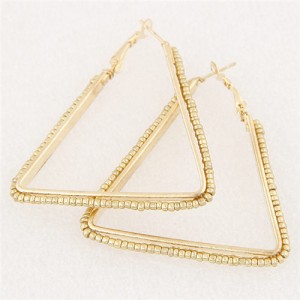 Mini Beads Embellished Bold Dangling Triangle Design Fashion Earrings - Golden