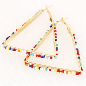 Mini Beads Embellished Bold Dangling Triangle Design Fashion Earrings - Multicolor
