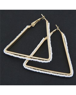 Mini Beads Embellished Bold Dangling Triangle Design Fashion Earrings - White