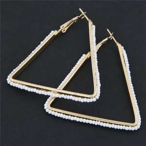 Mini Beads Embellished Bold Dangling Triangle Design Fashion Earrings - White