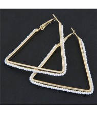 Mini Beads Embellished Bold Dangling Triangle Design Fashion Earrings - White