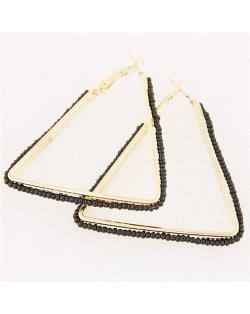 Mini Beads Embellished Bold Dangling Triangle Design Fashion Earrings - Black