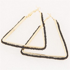 Mini Beads Embellished Bold Dangling Triangle Design Fashion Earrings - Black