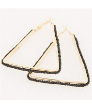 Mini Beads Embellished Bold Dangling Triangle Design Fashion Earrings - Black