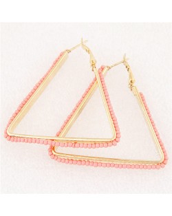 Mini Beads Embellished Bold Dangling Triangle Design Fashion Earrings - Pink