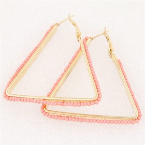 Mini Beads Embellished Bold Dangling Triangle Design Fashion Earrings - Pink