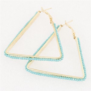 Mini Beads Embellished Bold Dangling Triangle Design Fashion Earrings - Blue