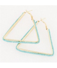 Mini Beads Embellished Bold Dangling Triangle Design Fashion Earrings - Blue