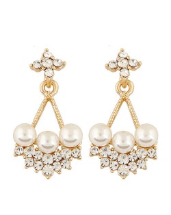 Triple Pearl Inlaid Czech Rhinestone Dangling Floral Waterdrop Design Fashion Earrings