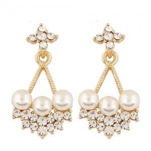 Triple Pearl Inlaid Czech Rhinestone Dangling Floral Waterdrop Design Fashion Earrings