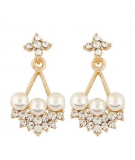 Triple Pearl Inlaid Czech Rhinestone Dangling Floral Waterdrop Design Fashion Earrings
